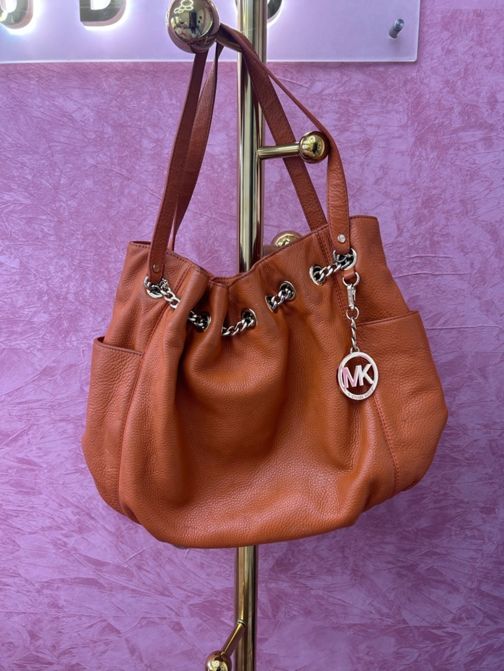 Michael Kors Rust Orange Pebbled Leather Chain-Accent Shoulder Tote